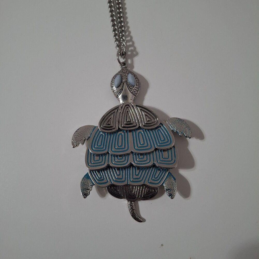 Silver Tone Blue Rhinestone Turtle Articulated Pendant Necklace Animal Sea Life
